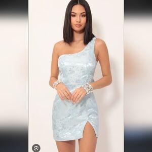 Lucy in the Sky Liana Satin Jacquard One-Shoulder Dress